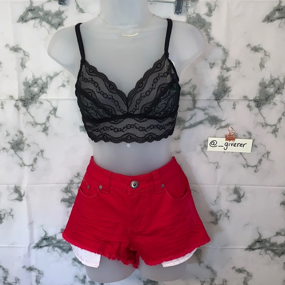 Distressed Raw Edge Red 5 Pocket Denim Shorts - Picture 2 of 16